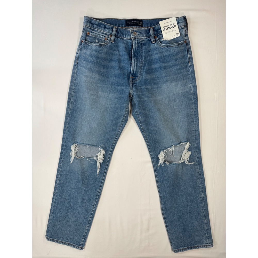 Abercrombie & Fitch Jeans 90s Straight Blue NWT 34x32 Distressed Trashed Stretch